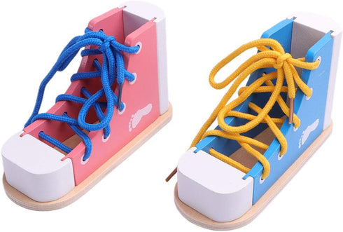 STOBOK 2pcs Wood Lacing Sneaker Learn to Tie Shoes Tie-Up Shoe Threading Toy Montessori Educational Toys (Blue + Pink)...