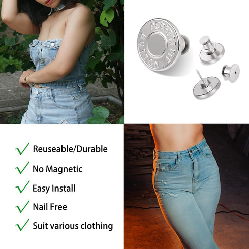 MUNAN 12 Sets Button Pins for Loose Jeans, No Sew No Tools Required Replacement Snap Buttons, Reusable and Removable Waist Adjustable Metal Pants ...