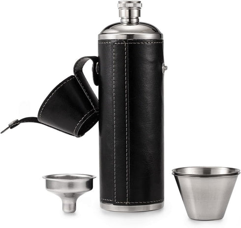 GENNISSY 10oz Black Bucket Hip Flask - PU Leather Stainless Steel Men Flasks for Liquor with Funnel and Cups...