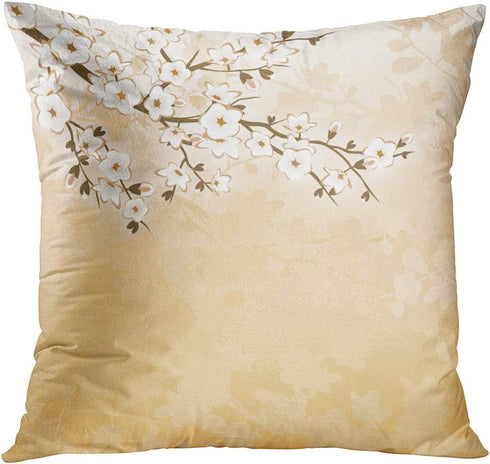 ArtSocket Set of 4 Throw Pillow Covers Japanese Tree Eastern Nature Home Flowers Cherry Blossom Beige Cream Decorative Pillow Cases Home Decor Squ...