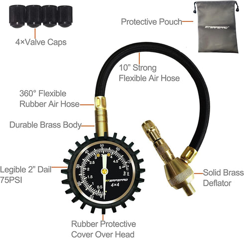 2 in 1 Professional Rapid Air Down Tire Deflator Pressure Gauge 75Psi?Rapid Air Down Offroad Kit with Special Chuck for 4X4 Large Offroad Tires on...