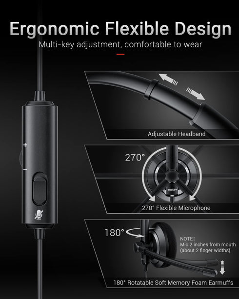 Wired Headset with Microphone for PC Laptop - 3.5mm Jack On Ear Headphones with Noise Cancelling Microphone for Boom Skype Webinars, in-line Contr...
