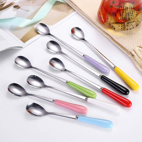 Mixing Spoons Set of 8, Stainless Steel Iced Teaspoons with Ceramic Handle 7.6-Inch Long Soup Tablespoons Espresso Coffee Spoons Candy-Colored, Mi...