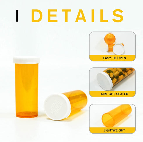 Pill Bottles with Snap Caps, Not Child Resistant Cap, Prescription Vials - Easy Open - Empty Medicine Plastic Containers for Personal Medication &...