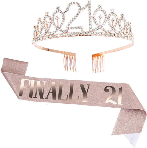 Finally 21 Rose Gold Sash and Crystal Tiara Set - 21st Birthday Party Decorations...