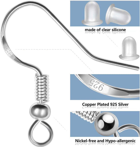 Hypoallergenic Earring Hooks 150 PCS/75 Pairs, Silver Plated Ear Wires Fish Hooks,500pcs Earring Making Kit with Jump Rings and Clear Silicone Ear...