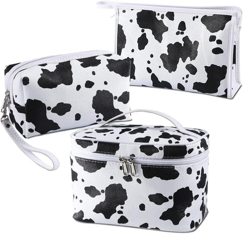 Veki 3 Pieces Set Makeup Bag Waterproof Cosmetic Bag Small Makeup Bags Organizer for Women and Girls with Milk Cow Animal Portable Toiletry Bag Mi...