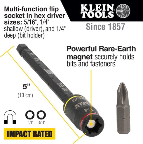 Klein Tools 32768 Impact Driver Set, 3-in-1 SAE Impact Socket and Bit Holder, Flip Socket with 1/4 Nut Driver and 5/16 Nut Driver Hex Sizes, 3 and...