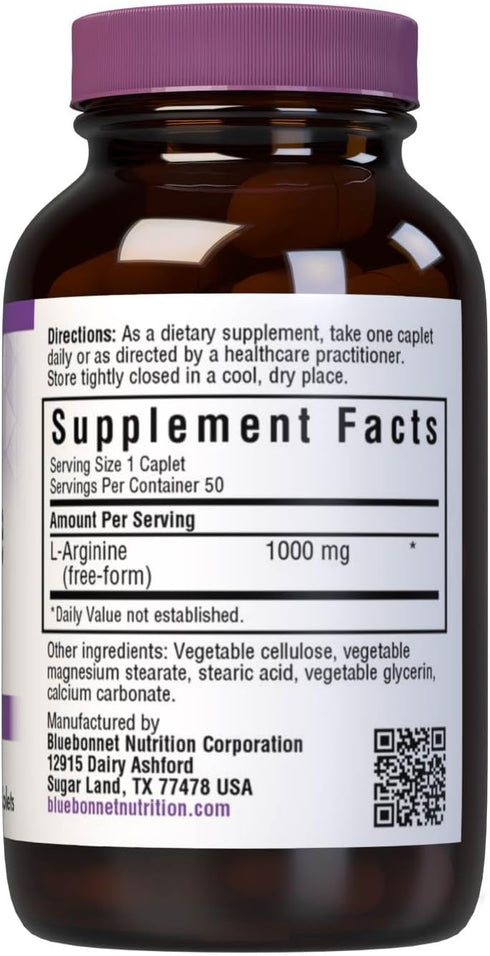 Bluebonnet Nutrition L-Arginine 1000mg, Free-Form Amino Acid, Nitric Oxide Precursor, Gluten-Free, Non-GMO, Kosher Certified, Vegan, 50 Caplets, 5...