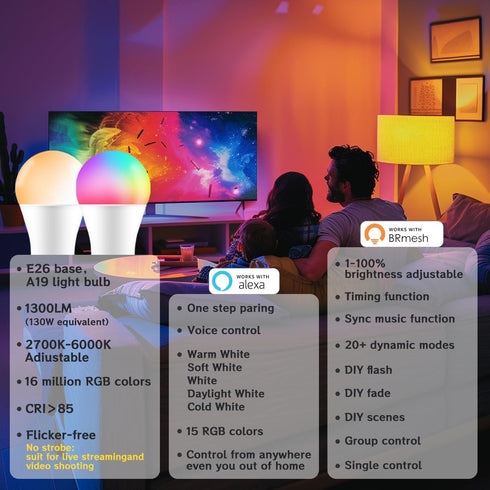 UCB Smart Light Bulbs 130W Equivalent, Color Changing Light Bulb, Work with Alexa Only, 16 Million Colors RGBWW, Music Sync, DIY Flash,1300LM A19 ...