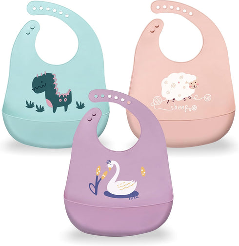 Silicone Baby Bibs with Food Catcher (Set of 3) - BPA Free Plastic, Durable and Adjustable Bib - Silicone Bibs for Babies, Toddlers, Boys, and Gir...