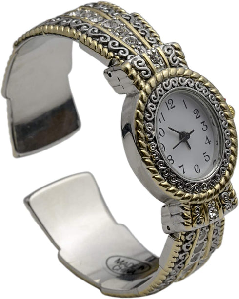 Metal Ladies Western Bangle/Cuff Watch with Simple Rhinestones on Band (Two Tone)...