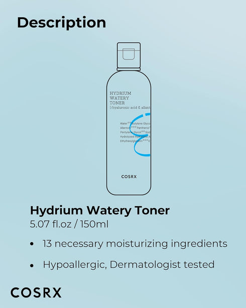COSRX Hydrium Watery Toner, 280ml / 9.46 fl.oz | Moisturizing Korean Toner | Hyaluronic Acid, Allantoin, Panthenol | Korean Skin Care, Not Tested ...
