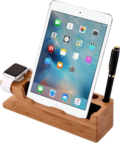 MOOZO Bamboo Wood Desktop Charging Dock Station Charger Holder Cradle Stand Compatible iPhone 16 15 14 13 12 11 Pro Max Apple Watch 2 3 4 / iWatch...