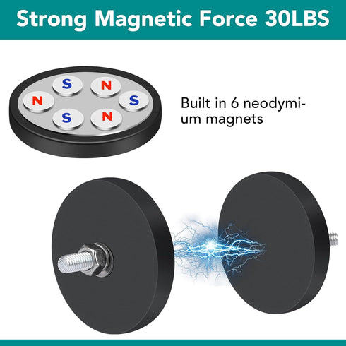 8Pack Rubber Coated Magnets, 30LBS Rubber Coated Neodymium Magnets with M6 Magnetic Assembly Base for Light Bar Mirror Camera Tool(1.69 Inch)...