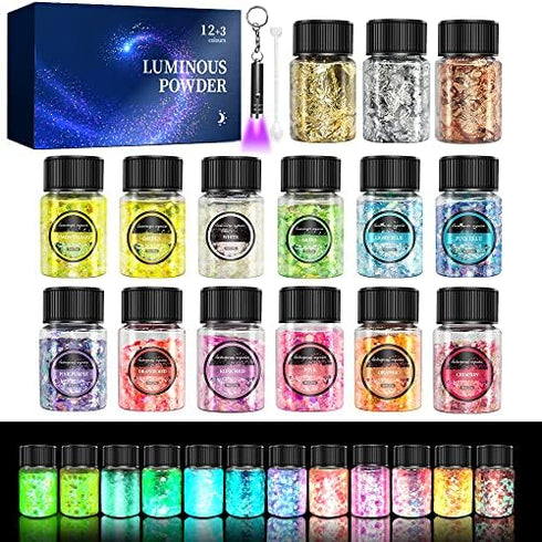 Glow in The Dark Glitter 15 Jar - 12 Colors Glow Glitter and 3 Colors Gold Foil Flakes, High Luminous Glitter for Resin Crafts, Cosmetic, Nail, Gl...