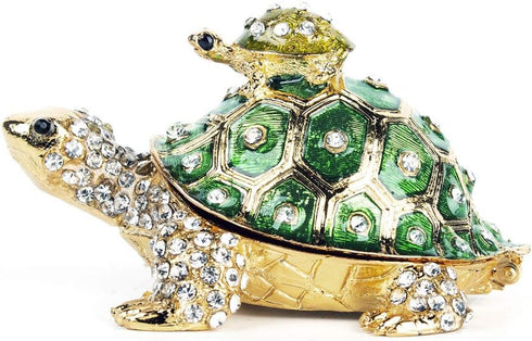 YU FENG Crystals Bejeweled Turtle Trinket Box Hinged Enameled Mother-Child Tortoise Animal Figurine Jewelry Ring Holder Box...