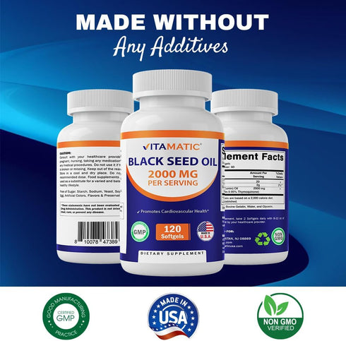 Vitamatic Black Seed Oil Capsules - 2000 mg per Serving - 120 Softgels - Colde Pressed - Contains Min 0.95% Thymoquinone - Supports Healthy Immune...
