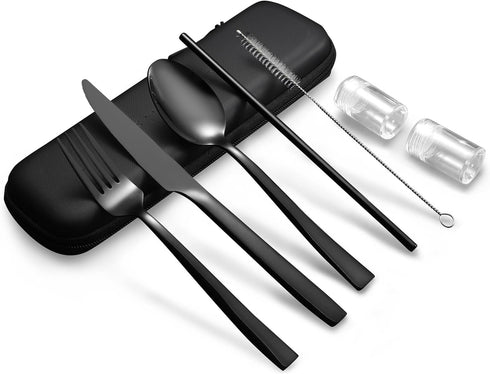Portable Travel Utensils with Case, Black Stainless Steel Reusable Silverware Set for Lunch Work School Camping Picnic, Durable Travel Cutlery Set...