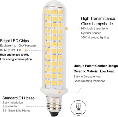 E11 LED Dimmable Light Bulb 9W, 100W Equivalent Halogen Replacement Bulbs, Warm White 3000K, E11 Mini Candelabra Base Corn Bulbs JD T3 T4 120V for...