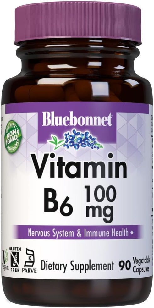 BlueBonnet Nutrition Vitamin B6 Vegetable Capsules, 100 mg, for Cardiovascular and Nervous System Health, 90 Count...