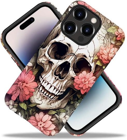Compatible with iPhone 14 Pro Case, Skull Red Flowers Pattern Print Phone Case Durable Fashion Funny Liquid Silicone Case Soft Anti-Scratch Shockp...