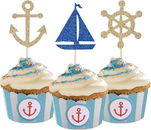 24 Pcs Nautical Theme Glitter Cupcake Picks Cupcake Toppers Food Fruit Picks for Decoration Party Favors...