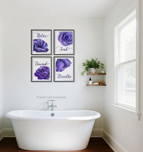 heshengzaixian Purple Flower Bathroom Wall Art Print,Mauve Rose Floral Relax Soak Unwind Breathe Quotes Bathroom Set,Modern Boho Minimalist Decor ...