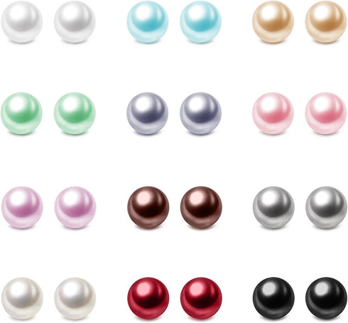 Charisma 6mm Composite Pearl Earrings Round Ball Pearls Stud Earrings Hypoallergenic 12 Pairs Mixed Color Imitation Pearl Earrings Set for Women...