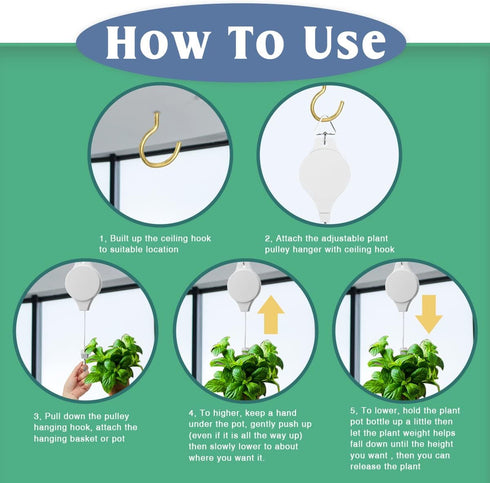 3 Pack Plant Pulley Hanger, Retractable Plant Hook Pulley, Adjustable Heavy Duty Plant Hanging Pulleys for Garden Baskets & Bird Feeder with 3 PCS...