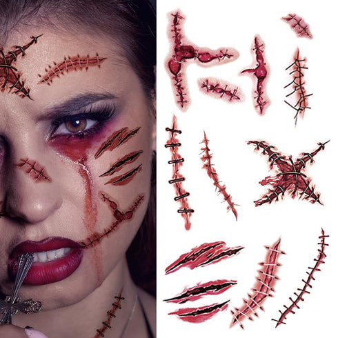 20 Sheets Body Face Fake Scar Halloween Makeup Kit, Halloween Temporary Tattoos Stickers for Kids Women Men, Halloween Party Favors Decorations Su...
