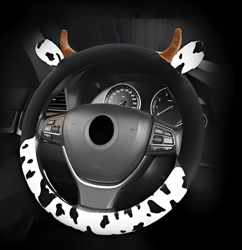Cow Plush Steering Wheel Cover Universal 15 in Cute Fuzzy Cow Horn Car Steering Wheel Cover Non-Slip Stretchy Cow Print Circular Steering Wheel Pr...