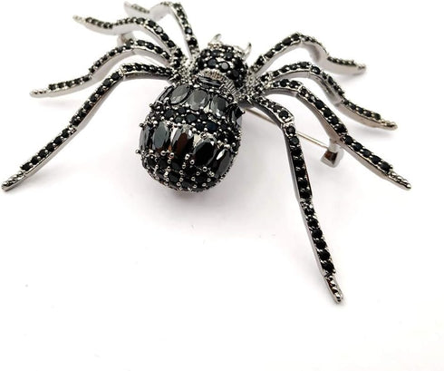 Spooky Season Eight-Legged Full Black Spider Brooch Pin with Red Eyes...
