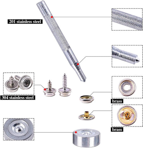 Glarks 120-Pieces Stainless Steel Marine Grade Canvas and Upholstery Boat Cover Snap Button Fastener Kit with 2Pcs Setting Tool (40 Sets)- Silver...