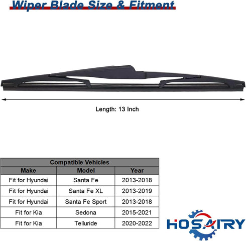 Rear Windshield Wiper Blade for Hyundai SANTA FE 2013-2017, for Kia Sedona 2015-2021, for Kia Telluride 2020-2022 Rear Wiper Blade, 13 inch (Pack ...