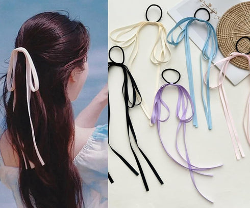 Hair Ribbon Bow Hair Ribbon Ties Tassel Long Ribbon Bow Hair Ties Scrunchies Ponytail Holder Scrunchie for Women Black/Beige/Blue/Purple/Pink (5pc...