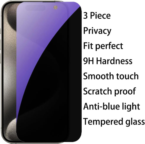 3 PCS Anti-Blue Privacy Tempered Glass Suit for iPhone 15 Pro Anti-Spy Screen Protector Anti-Peeping Film 9H Hardness Anti-scratch 6.1 inch (Blue)...