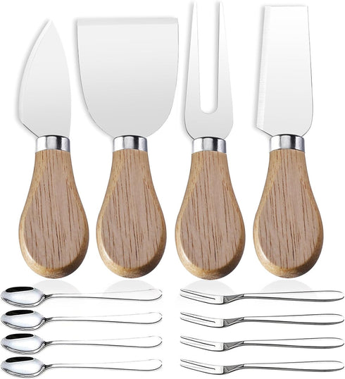 Mini Cheese Knife Set with wood Handle - Stainless Steel Charcuterie Knife Set with 4 Fruit Forks & 4 Small Spoons - Compact Cheese Cutter Set for...