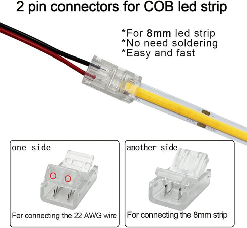 12 Pack 8mm Cob Led Strip Light Connectors 2 Pin, led Strip to Wire Solderless Transparent Track Lighting Adapter Connection with 6M/19.68ft Led W...