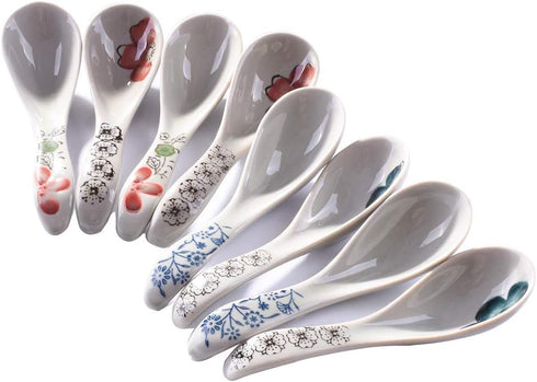 Japanese Style Soup Spoons set of 8, Ceramic Ramen Spoons Serving for Wonton, Salad, Porridge...