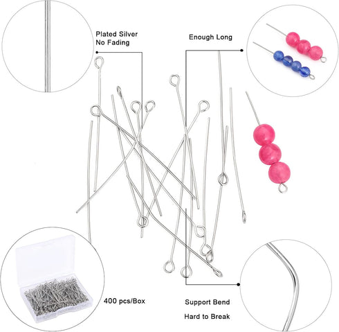 304 Stainless-Steel Eye Pins for Jewelry Making Silver Head Pins 0.6x30mm 24 Gauge 400pcs/Box Open Eye Pins for DIY Making Earring Necklace Bracel...