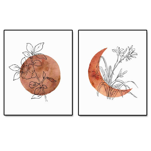 Terracotta Sun and Moon Print, Flower Sun, Minimal Wall Art, Boho Decor, Abstract Moon, Flower Line Print, Sunset Art, Set of 2 Prints - 8x10 inch...