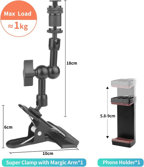 Super Clamp Camera Clamp Mount 5.5 Inches Magic Arm with 1/4" Thread, Articulating Arm with Clamp,Tripod Camera Mount Clip Clamp with Adjustable f...