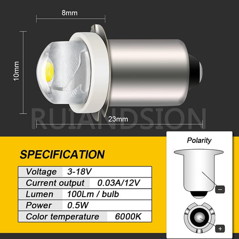 Ruiandsion 2pcs P13.5S LED Bulb 3-18V COB 0.5W 3V 4.5V 6V 9V 18V Upgrade for Flashlight Torch Work Lights,White...