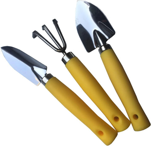 Mini Kids Garden Tool Set for Toddler with Trowel, Cultivator, Transplanter 3 Piece Mental Hand Tools (Yellow)...