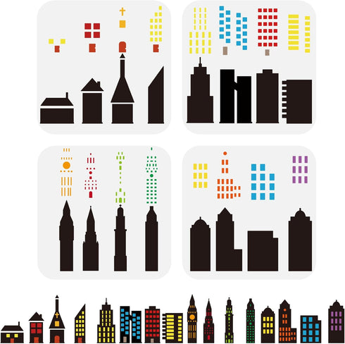 FINGERINSPIRE 4Pcs Layered City Skyline Painting Stencil Set 5.9Inch PET City Building Silhouette Drawing Template Reusable Architecture and Local...