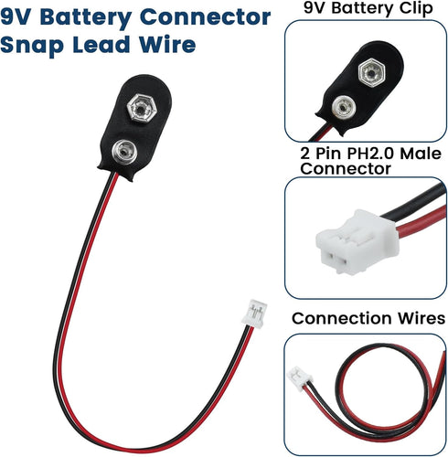 SDTC Tech 3 Pack 9V Battery Snap to 2-Pin PH2.0 Connector Cable I Type Battery Clip Lead Wire (15cm)...
