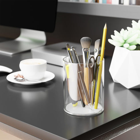 Clear Acrylic Cylinder Pen Holder with Anti-slip Silicone, Round Makeup Brush Storage, Desk Organizer for Office, Home, School Supplies...