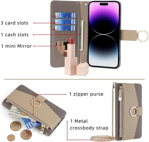 Asuwish Phone Case for iPhone 14 Pro Max 6.7 inch Wallet Cover and Mirror Flip Cover Ring Card Holder Crossbody Strap Stand Cell iPhone14promax 5G...