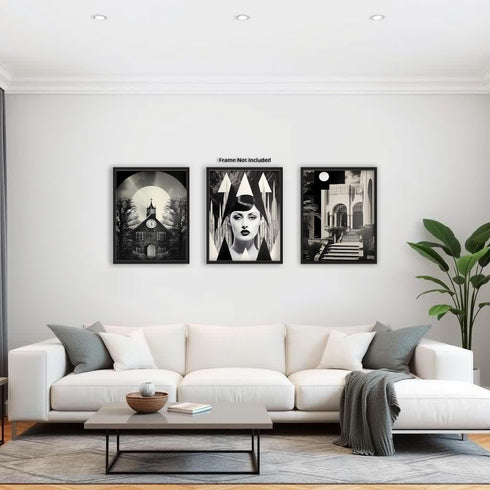 Posterizer 3 pcs-Black and White Gothic Woman, Church Collage-Abstract & Modern Art-Retro Art-Gift for Steampunk or Goth Fans-Living Room Bedroom ...